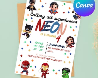 Modello di invito di compleanno per supereroi modificabile, invito per festa di compleanno stampabile, modello di invito per festa per bambini, compleanno di supereroi