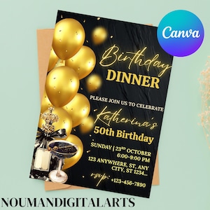 Digital Birthday Dinner Invitation Template, Black Tie Glam Invite, Animated Black Golden Diamond Evite For Men & Women, Self Editable eCard