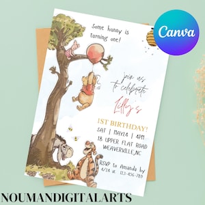 Winnie the Pooh 1st Birthday Invitation Classic Pooh Birthday Invite Vintage Winnie the Pooh Characters First Birthday girl Boy Invite Canva