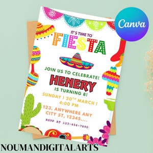 Fiesta Birthday Invitation, Fiesta Invitation, Mexican Theme Invitation, Mexican Papel Birthday Invite, Canva Editable Invitation Template