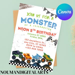 Monstertruck-Geburtstagseinladung | Bearbeitbare Canva Vorlage | Jungen 2. Geburtstag einladen | Monster Jam Party Aquarell LKW-Motiv