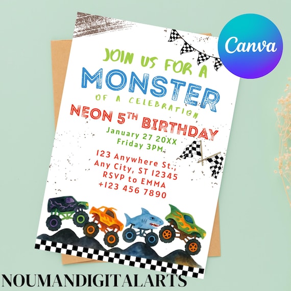 Monster Truck Birthday Invitation | Editable Canva Template | Boys 2nd Birthday Invite | Monster Jam Party | Watercolor Trucks Theme