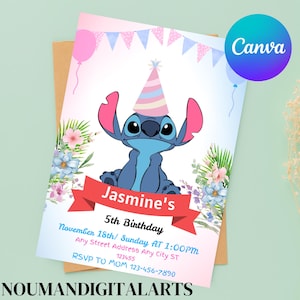 Stitch Birthday Invitation, Watercolor Stitch Invitation, Stitch Party Invitation, Editable Printable Canva Template Digital Download
