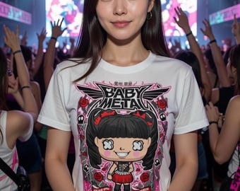 Camiseta Baby Metal Kawaii Metal com estampa da capa de quadrinhos - Garota chibi com "Gimme Chocolate" e "Ijime Dame Zettia" - Camiseta branca unissex