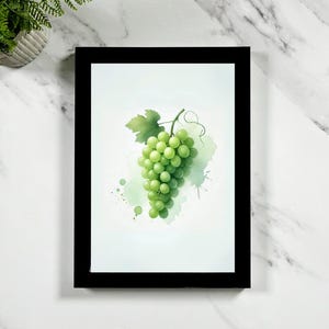 Arte mural enmarcado de uvas verdes en acuarela: impresión de frutas en acuarela, póster giclée para cocina, decoración para comedor en viñedos, arte botánico, regalo gastronómico