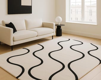 Hand Tufted Wool Wavy Rug, Modern Abstract Carpet, Black Ivory Living Room