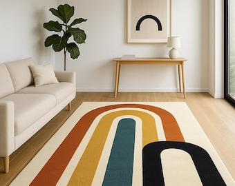 Retro Arch Wool Rug, Hand-Tufted Geometric Carpet, Mustard Teal Rust Black