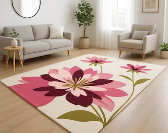 Pink Floral Area Rug, Modern Flower Carpet, Botanical Living Room Rug, Nursery Decor, Soft Accent Mat