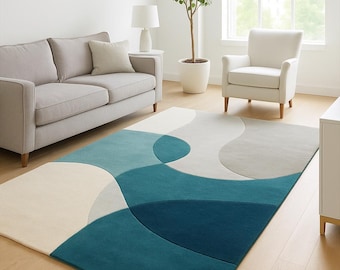 Geometric Area Rug Hand-Tufted 100% Wool Rug Blue, Grey and Beige Carpet for Living Room, Bedroom, or Office Soft Contemporary Design