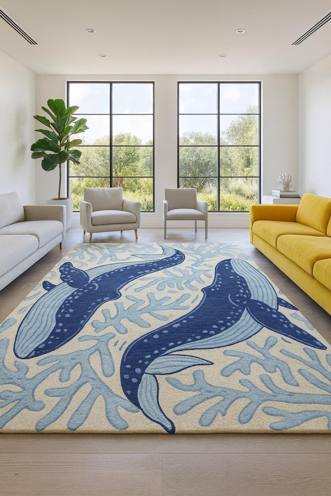 Hand Tufted Wool Whale Area Rug, Modern Coastal Ocean Carpet - Etsy