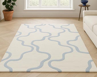 Hand-Tufted Wool Rug | Modern Cream & Blue Wavy Line Design