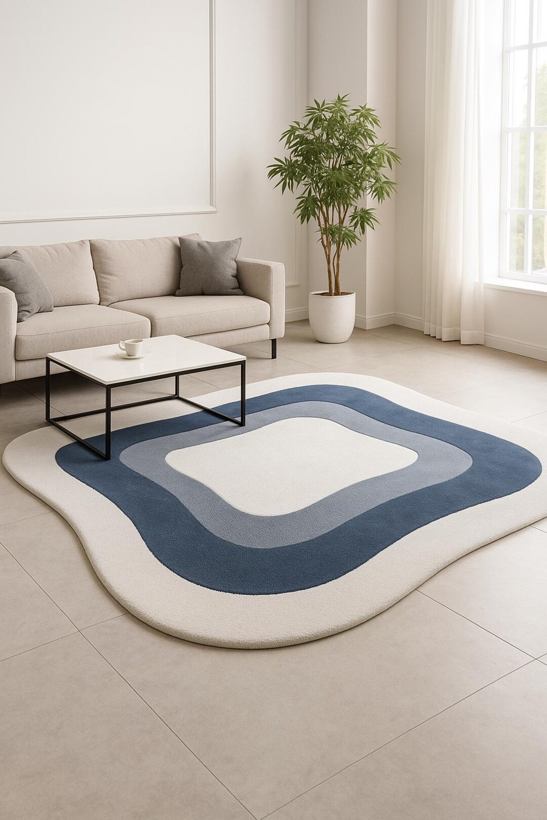 Modern Abstract Hand Tufted Wool Rug | Blue White Wavy Contemporary ...