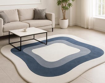 Hand Tufted Wool Rug | Blue White Wavy Abstract Carpet
