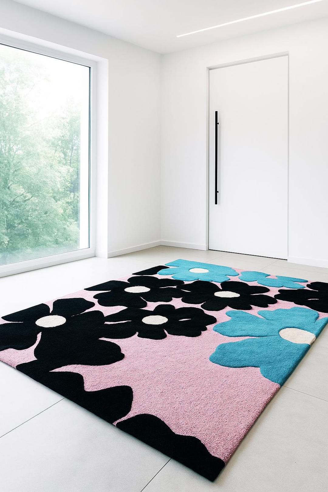 Floral Hand-tufted Rug Newzealand Wool in Pink, Blue & Black, Bold ...