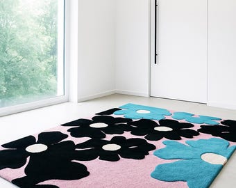 Alfombra de lana tejida a mano, alfombra rosa con estampado floral de margaritas negras, decoración moderna para sala de estar.