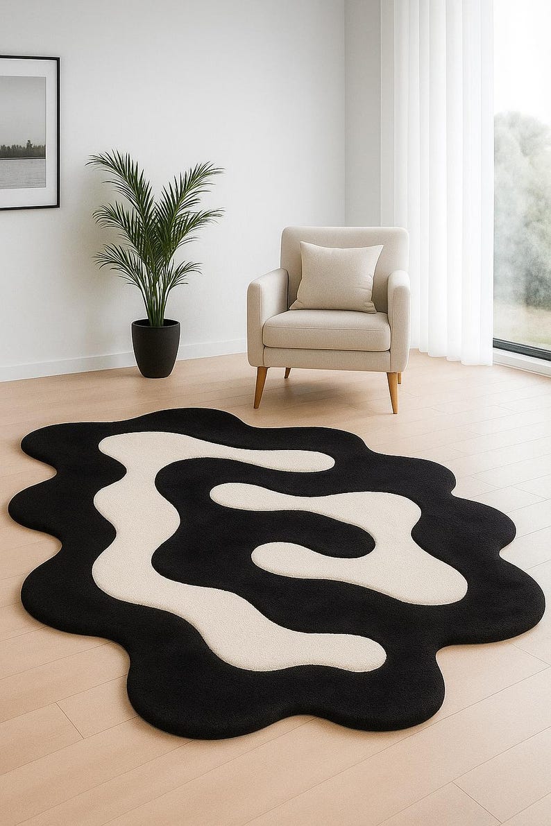 Modern Abstract Black and White Wavy Rug | Hand Tufted Irregular Shape ...