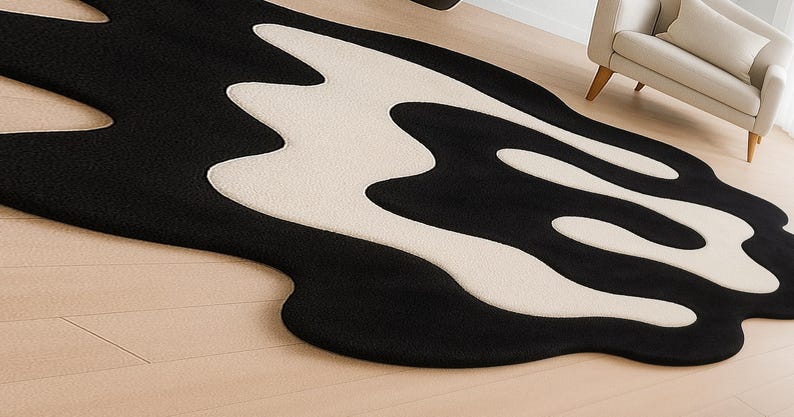 Modern Abstract Black and White Wavy Rug | Hand Tufted Irregular Shape ...