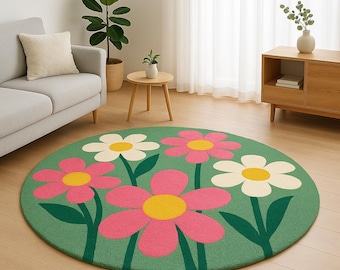 Round Floral Area Rug, Pink Daisy Rug, Cute Kids Room Rug, Green Flower Carpet, Botanical Decor Mat