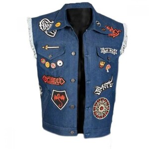 May include: A blue denim vest with various patches, including a dragon, a sword, a skull, and the words "Red Blood" and "Smote".
