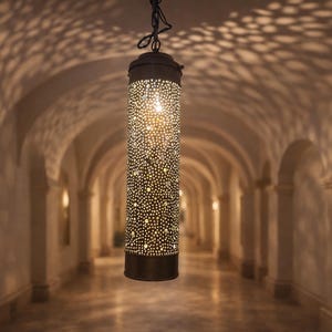 May include: A cylindrical pendant light fixture with a perforated design, casting intricate patterns of light and shadow. The fixture is suspended from a chain in a long, arched hallway. The light source is visible inside the fixture.