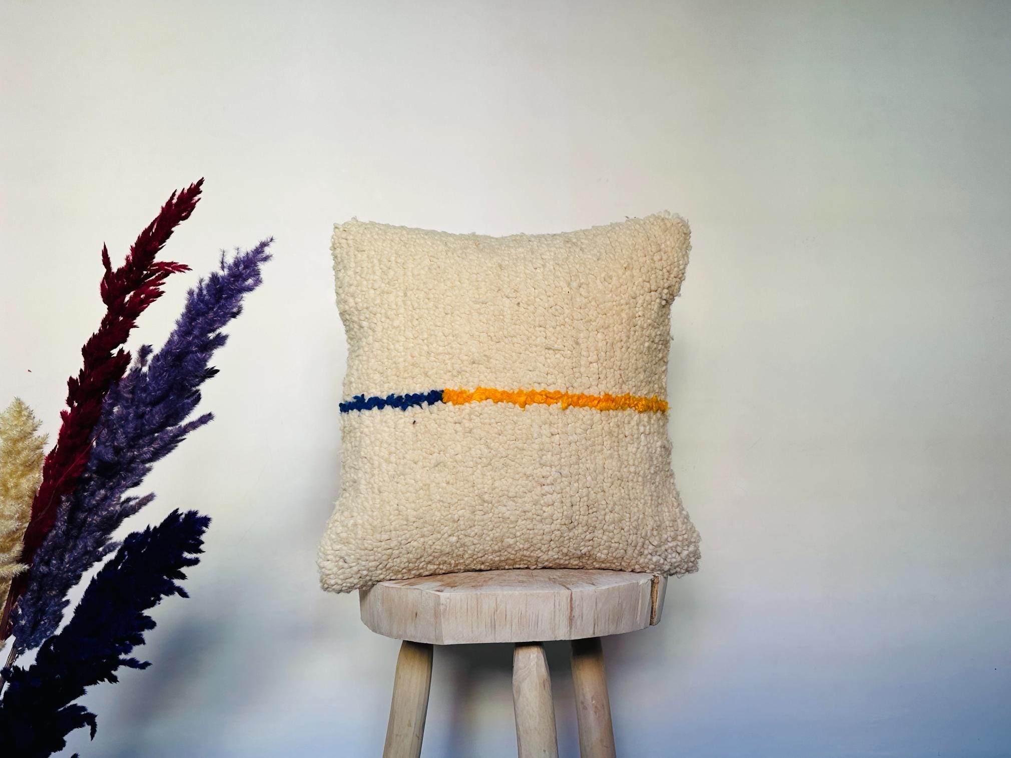 Handmade Moroccan Wool Pillow – Cream Berber Shag Cushion with Blue & Yellow Stripe – Tribal Sofa Pillow – 16 x 17 inches