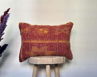 Moroccan Wool Pillow – Handmade Kilim Cushion Cover in Warm Reddish Ochre and Saffron Tones – Vintage Berber Rug Cushion – 16x22 Inches