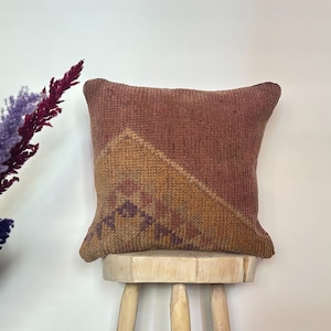 Handmade Moroccan Wool Pillow – Cream Berber Shag Cushion with Brown & Yellow Stripe – Tribal Sofa Pillow – 19 x 19 inches