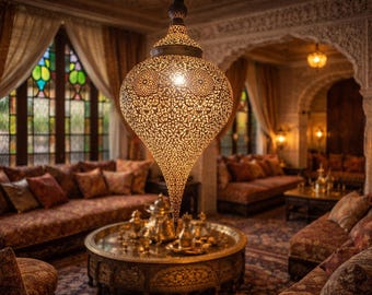 Moroccan Brass Pendant Light, Hand-Punched Filigree Lamp with Shadow Pattern, Boho Ceiling Lantern, Elegant Arabic Hanging Light