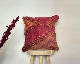 Handmade Vintage Moroccan Wool Pillow – Boujaad Berber Cushion with Tribal Design – Soft Boho Decor for Ethnic Interiors – 18 x 19 inch