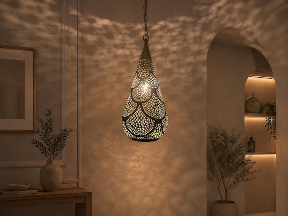 Moroccan Brass Pendant Light, Handcrafted Teardrop Ceiling Lamp, Boho Moroccan Chandelier, Warm Ambient Lighting