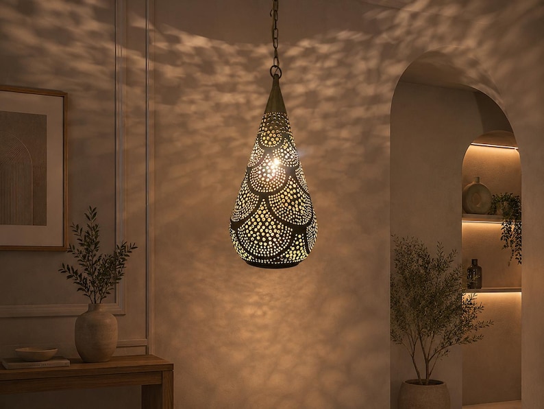 moroccan pendant, brass pendant light, ceiling lamp, boho lighting decor, lantern lamp, moroccan chandelier, handmade brass lamp, lighting, oriental pendant, bohemian ceiling, etched brass light, warm ambient lamp, luxury home light
