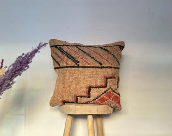 Handmade Moroccan Wool Pillow Cover – Terracotta Kilim Cushion with Tribal Black & Red Geometric Patterns – Boho Rustic Decor 20x20 inches