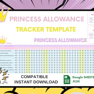 Earn Money Chart | Month Allowance Chore Chart | School Routine | Princess Kids Allowance Tracker | Chore Chart For Kids | Excel