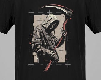 Grim Reaper T-Shirt, Scythe Illustration on Black, Unisex 180gsm