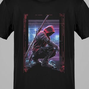 Neon Samurai T-shirt, Red Hood Streetwear, Unisex 180gsm