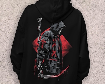 Gotisk hoodie, Crimson Reaper-design, mörkt streetwear-tryck på baksidan