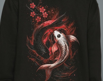 Sweat à capuche cramoisi koi - Streetwear japonais Yin Yang avec imprimé au dos