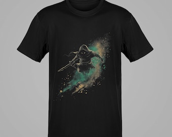 Shadow Rogue T-Shirt — Teal & Gold Dust Graphic, Unisex Black Tee