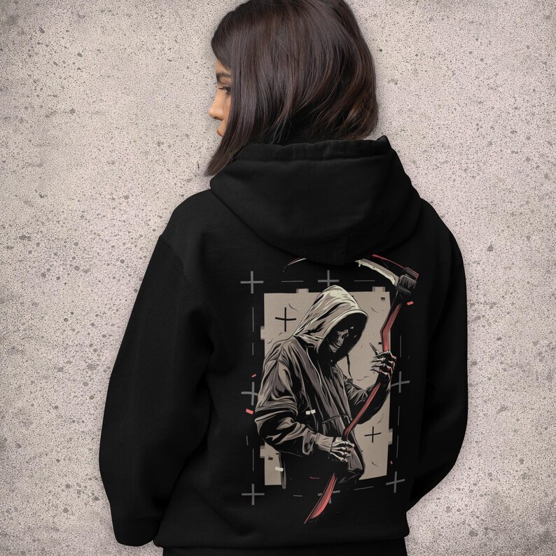Grim Reaper-huvtröja med ryggtryck, alternativ streetwear, svart grafisk pullover bild 3