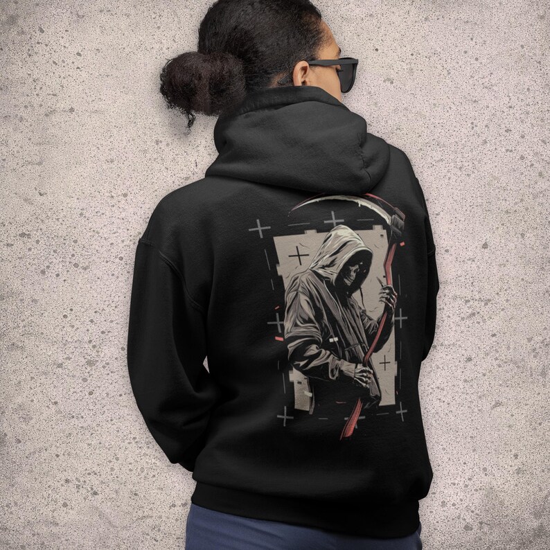 Grim Reaper-huvtröja med ryggtryck, alternativ streetwear, svart grafisk pullover bild 6
