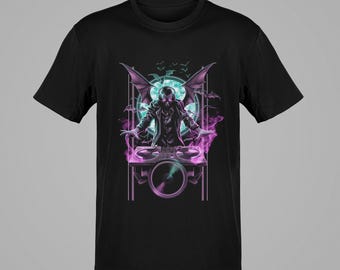 Neon Bat DJ T-Shirt, Purple/Teal Rave Graphic, Unisex 180gsm