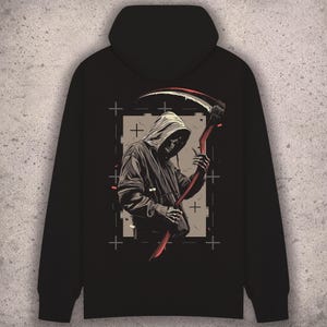 Grim Reaper-huvtröja med ryggtryck, alternativ streetwear, svart grafisk pullover bild 2