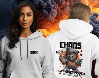 May include: Two hoodies, one gray and one white, with the word "CHAOS" printed on the front. The white hoodie features a graphic of a bear holding a spray can, with the text "PLAY TIME IS OVER". The background shows a fiery explosion.