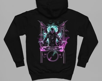 May include: Black hoodie featuring a graphic of a vampire DJ with bat wings, headphones, and turntables. The design includes purple and teal accents, bats, and a circular backdrop. The hoodie has a drawstring hood and long sleeves.