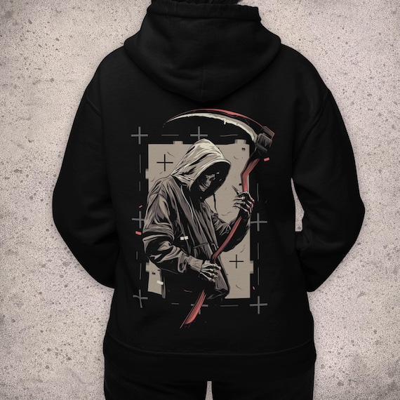 Grim Reaper Back Print Hoodie, Alternative Streetwear, Black Graphic Pullover