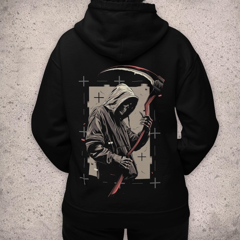 Grim Reaper-huvtröja med ryggtryck, alternativ streetwear, svart grafisk pullover bild 1