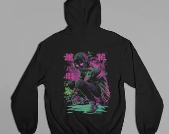Cyberpunk Hacker Hoodie, Neon Pink Green Japanese Style Streetwear