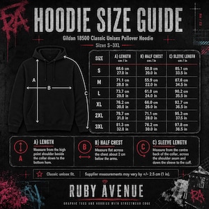 May include: A black pullover hoodie size guide featuring a Gildan 18500 graphic. The chart displays measurements in inches for length, half chest, and sleeve length for sizes S through 3XL, with arrows indicating where to measure on the hoodie.