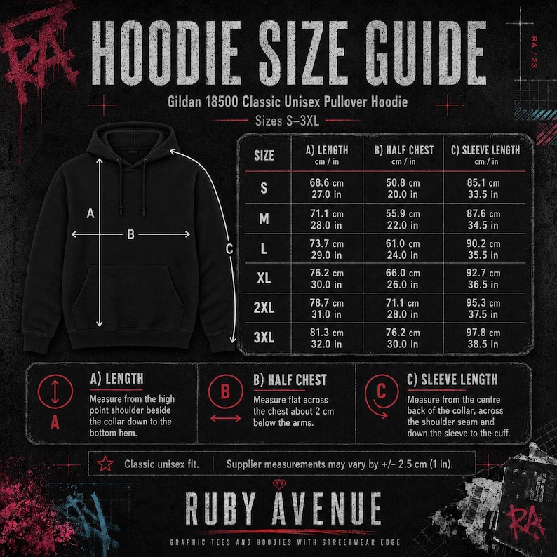 May include: A black pullover hoodie size guide featuring a Gildan 18500 graphic. The chart displays measurements in inches for length, half chest, and sleeve length for sizes S through 3XL, with arrows indicating where to measure on the hoodie.
