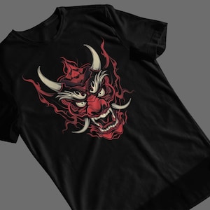 Oni Mask T-Shirt Japanese Demon Tee | Hannya Yokai Streetwear | Dark Art Mythology Graphic Top | Japanese Folklore Edgy Clothing